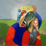 A painting of a man and woman with a mask on their heads.