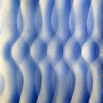 A blue and white painting with wavy lines.