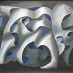 An abstract painting with white and blue shapes.