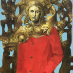 A painting of a woman in a red coat.