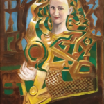 A painting of a woman in gold and green.