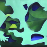 An abstract painting with blue and green shapes.