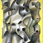 A painting of abstract shapes on a yellow background.