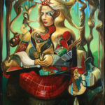 A painting of a woman reading a book.