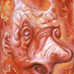 A painting of a red and orange face.