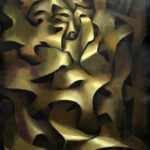 A painting of a gold and black abstract painting.