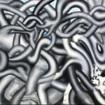 A painting of a black and white abstract painting.