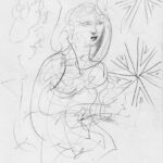 A drawing of a woman with fireworks in the background.