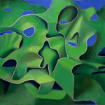 A painting of a green abstract painting with a blue background.