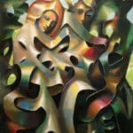 Abstract painting of two faces in foliage.