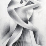 Pencil drawing of two figures embracing.