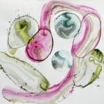 Abstract painting with pink and green swirls.