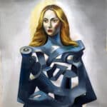 Woman in abstract blue and gold painting.