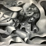 Abstract black and white painting of figures.