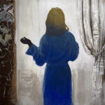 Woman in blue robe facing window.