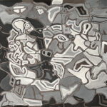 Abstract black and white painting with shapes.