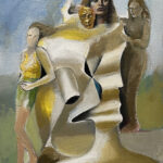 Abstract painting with four figures and a mask.