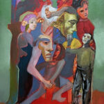 Abstract painting of people with various expressions.